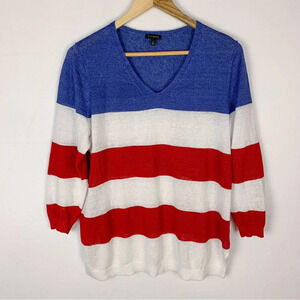Talbots 100% Linen Red White Blue V-Neck Sweater